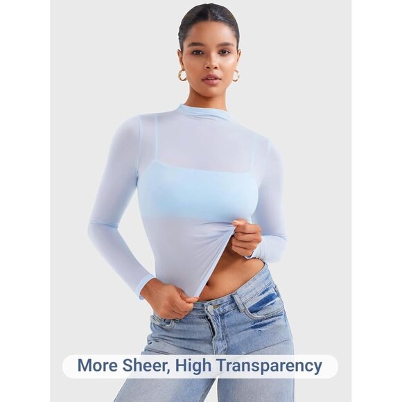 Womens Sheer Lightweight Long Sleeve Tops Slim Fit See Through Casual - Picture 3 of 6